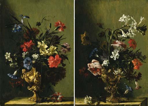Mario Nuzzi - Irises, narcissi, carnations, daffodils and other flowers in gilt urns on stone ledges