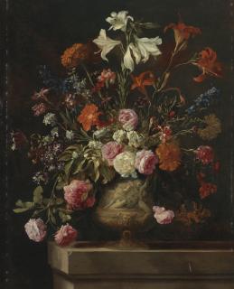 Mario Nuzzi - Lilies, carnations, roses, and other flowers in a gilt urn with bas relief, on a stone ledge