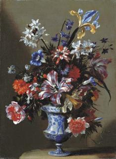 Mario Nuzzi - Lilies, Peonies, Narcissi, Morning Glory And Other Flowers In A Blue And White Vase On A Stone Ledge
