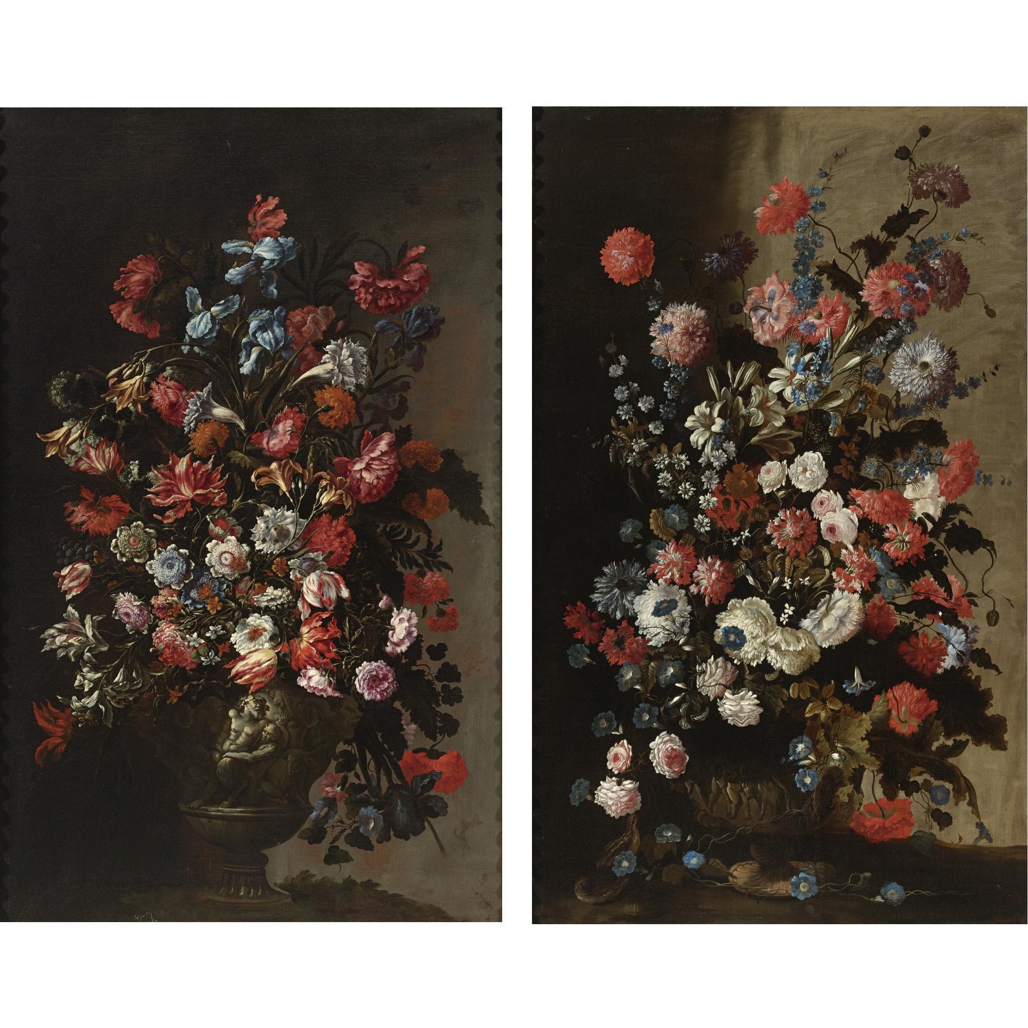 Mario Nuzzi - Still Life Of Tulips, Irises, Poppies And Other Flowers In A Sculpted Vase; Still Life Of Roses, Lilies, Poppies, Morning Glories And Other Flowers In A Sculpted Vase, With Two Partridges