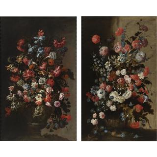 Mario Nuzzi - Still Life Of Tulips, Irises, Poppies And Other Flowers In A Sculpted Vase; Still Life Of Roses, Lilies, Poppies, Morning Glories And Other Flowers In A Sculpted Vase, With Two Partridges