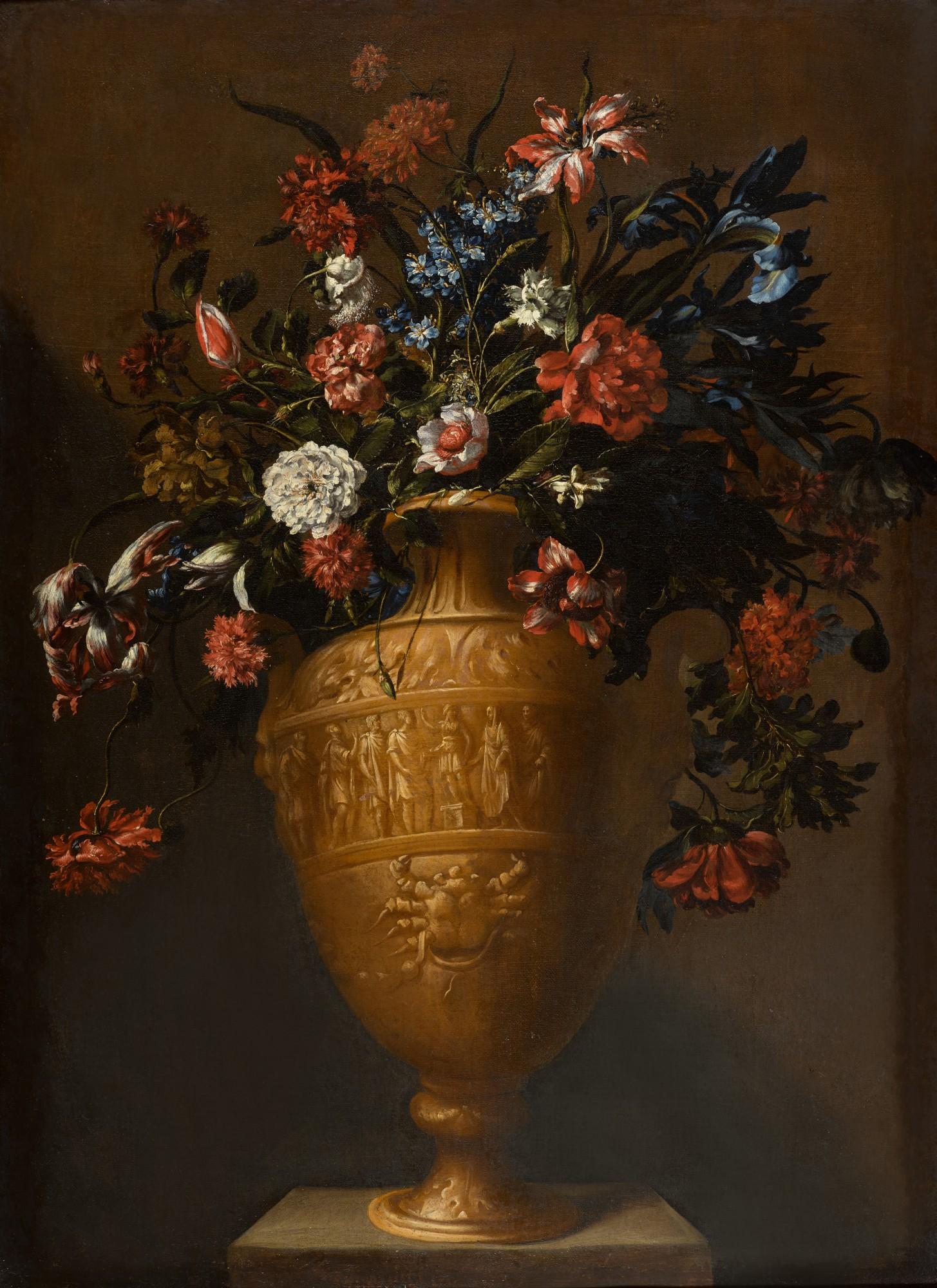Mario Nuzzi - Still life with tulips, carnations, an iris and other flowers in an urn sculpted with a decorative crab