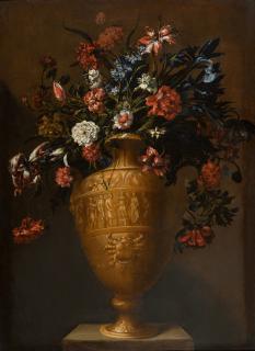Mario Nuzzi - Still life with tulips, carnations, an iris and other flowers in an urn sculpted with a decorative crab
