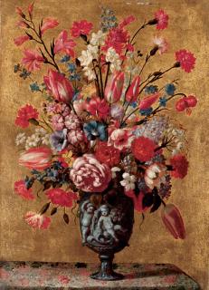 Mario Nuzzi - Tulips, carnations, roses, anemones, gladioli, lilac, morning glory and other flowers in a sculpted urn, on a tabletop