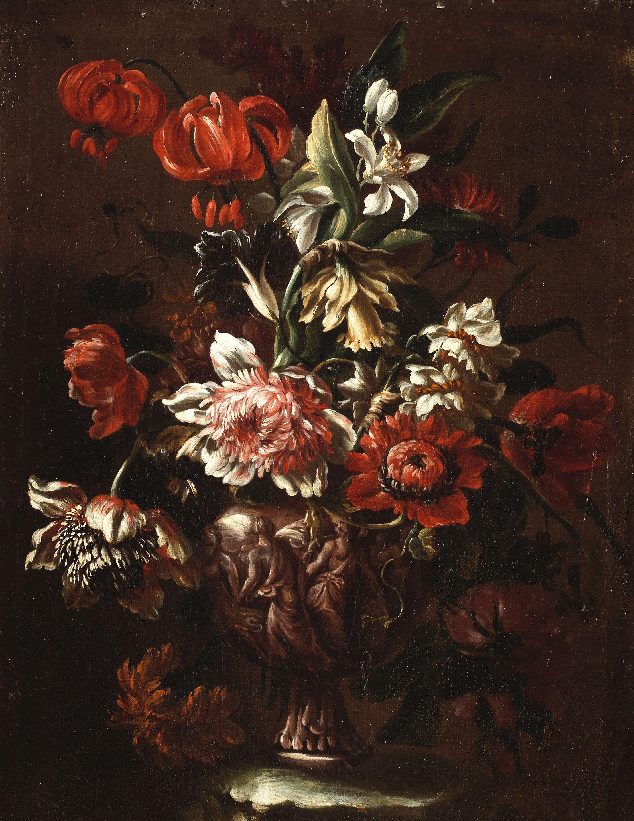 Mario Nuzzi - Tulips, convolvulus, lilies and other flowers in a terracotta vase
