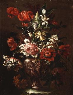 Mario Nuzzi - Tulips, convolvulus, lilies and other flowers in a terracotta vase