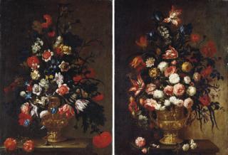 Mario Nuzzi - Tulips, Roses, Carnations, Morning Glory, Narcissi And Other Flowers In A Sculpted Urn On A Stone Ledge; And Irises, Tulips, Carnations, Roses, Poppies And Other Flowers In A Sculpted Urn On A Stone Ledge