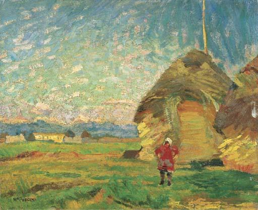 Mario Puccini - Paesaggio con fanciulla e pagliai (1915 circa)