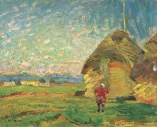 Mario Puccini - Paesaggio con fanciulla e pagliai (1915 circa)