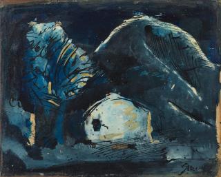 Mario Sironi - Paesaggio con albero, casa e montagna