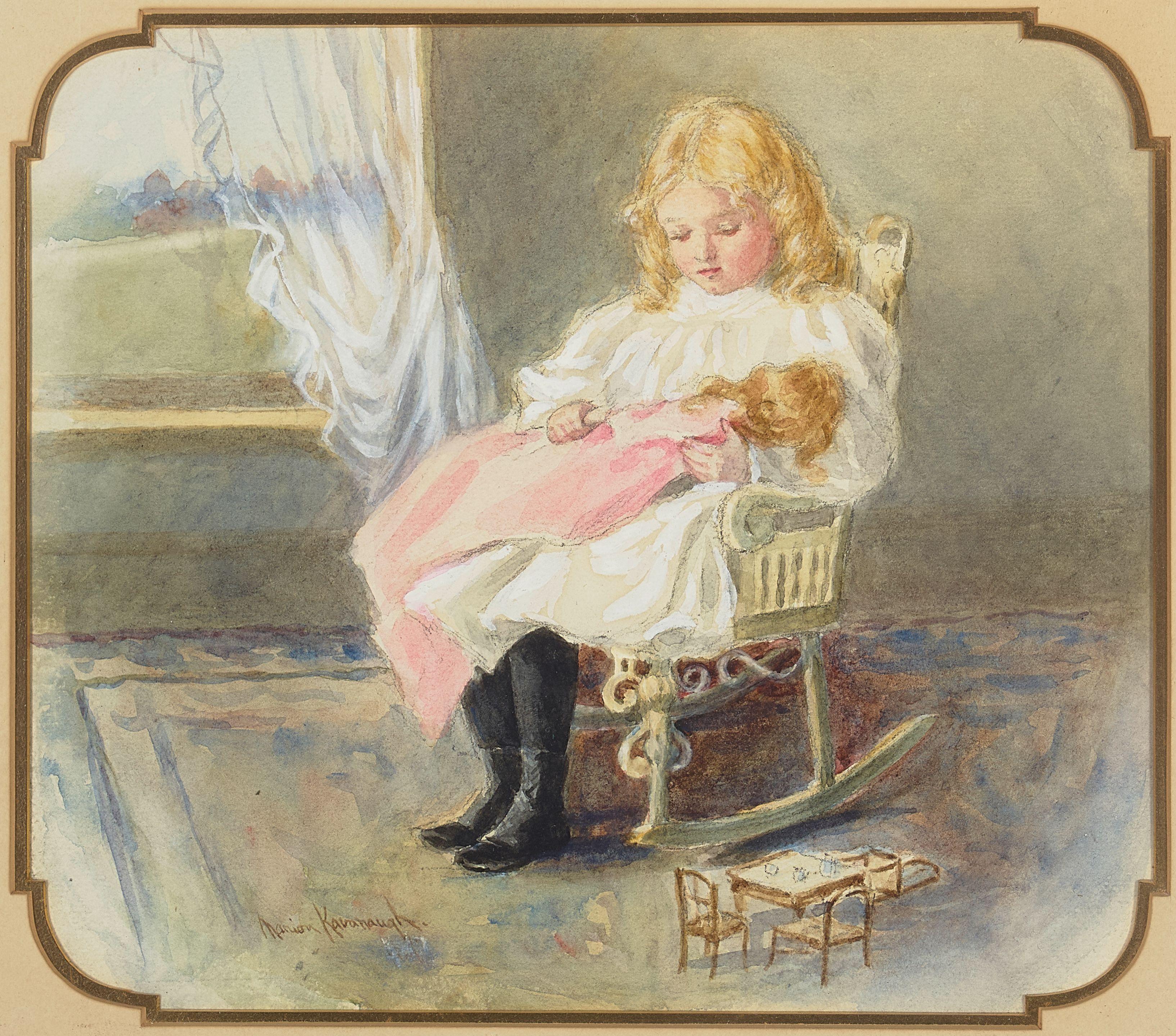 Marion Kavanagh Wachtel - Little Girl with Her Doll sight 8 1/2 x 10 in. framed 15 1/4 x 16 1/2 in.