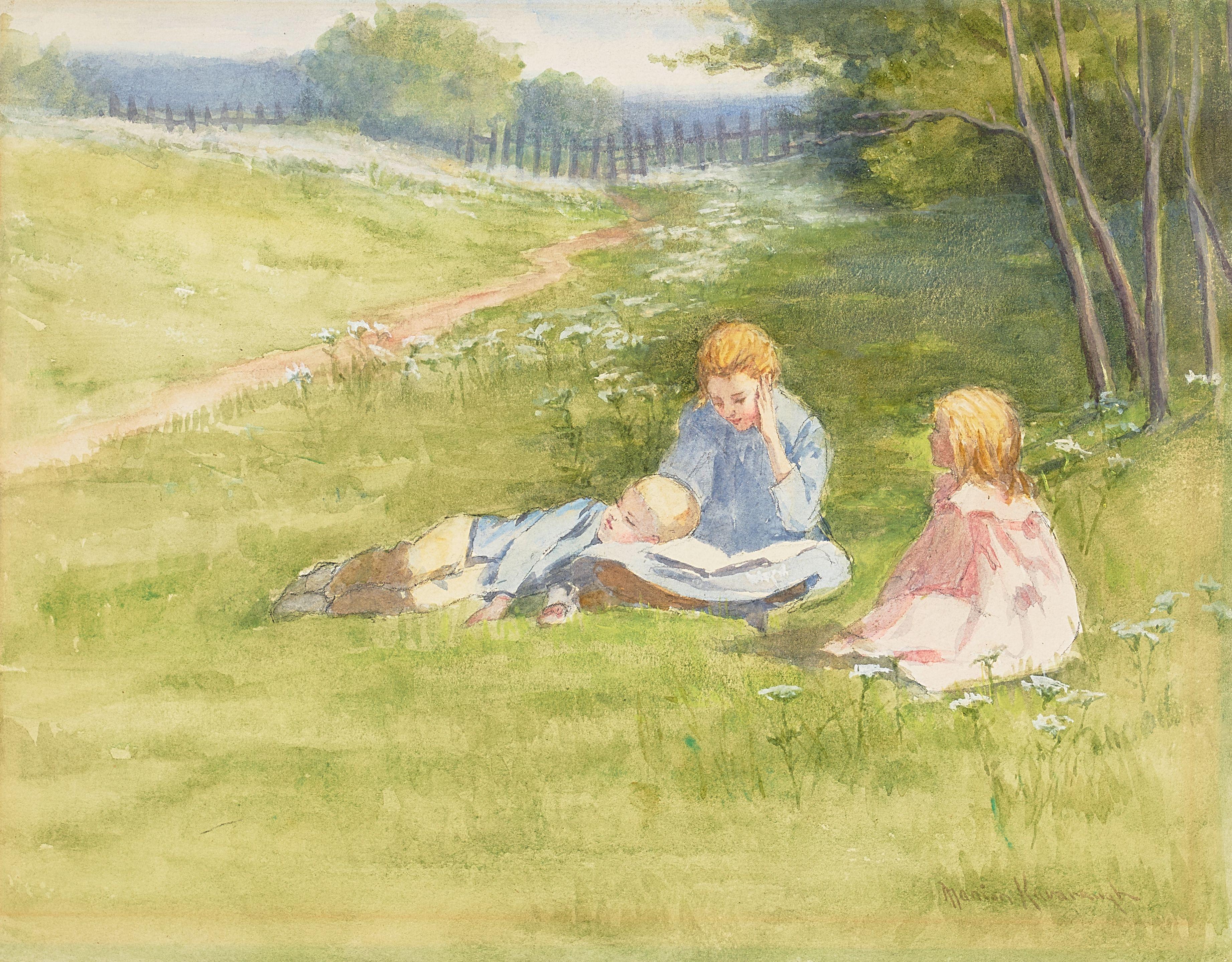 Marion Kavanagh Wachtel - Three Children in a Field of Flowers sight 11 x 14 in. framed 18 x 21 in.