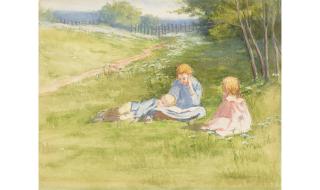 Marion Kavanagh Wachtel - Three Children in a Field of Flowers sight 11 x 14 in. framed 18 x 21 in.