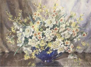 Marion L. Broom - Daffodils And Forsythia In A Blue Vase