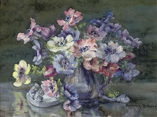 Marion L. Broom - Still life of peonies in a blue vase