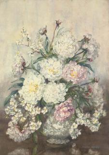 Marion L. Broom - White Roses In A Blue Vase