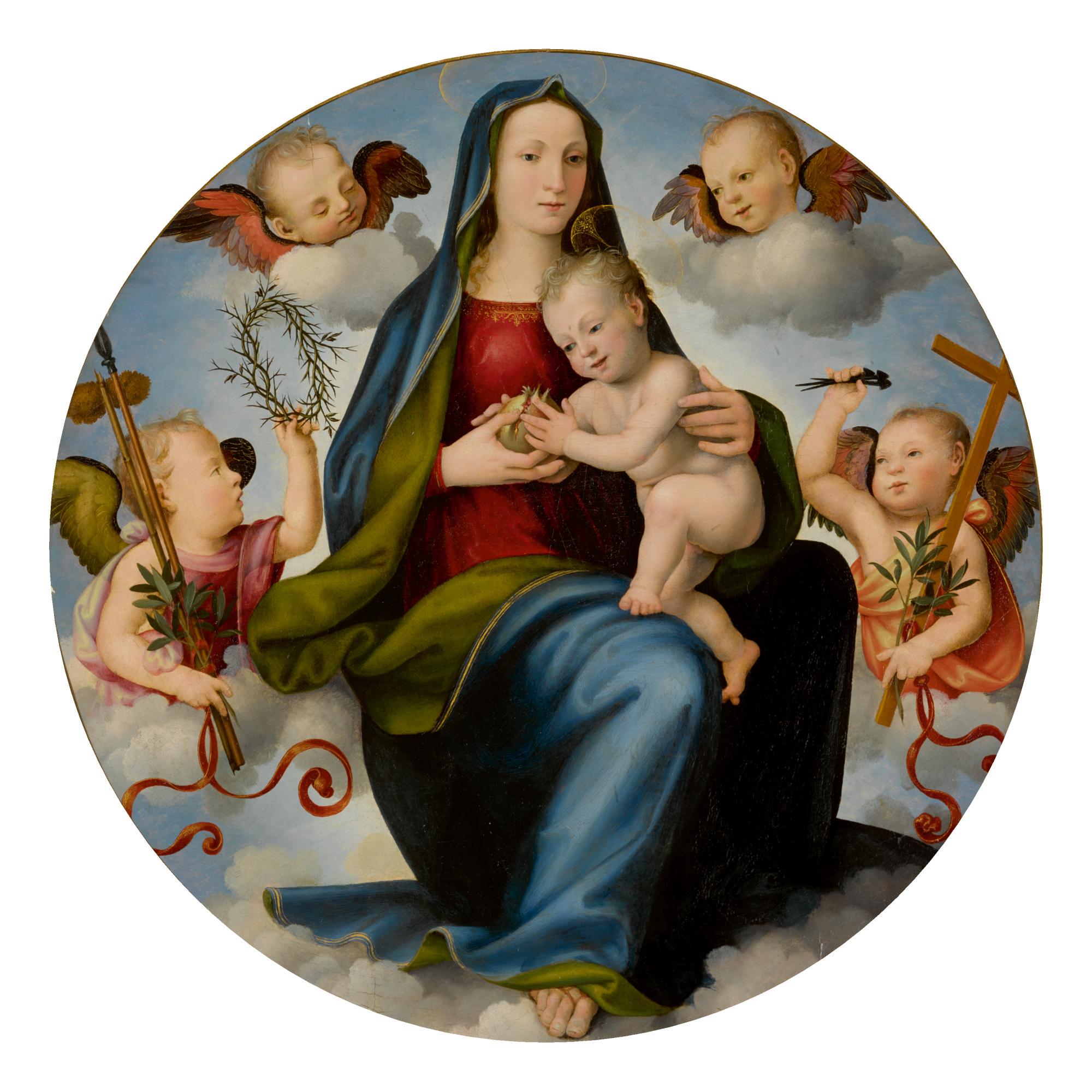 Mariotto Di Biagio Di Bindo Albertinelli - Madonna And Child Enthroned In The Clouds, Surrounded By Two Angels Holding Instruments Of The Passion And Two Cherubim