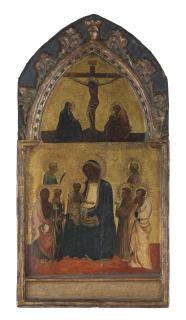 Mariotto di Nardo - The Madonna and Child surrounded by Saints John the Baptist, Catherine of Alexandria, Francis of Assisi and Bartholomew and other saints, with the Crucifixion above