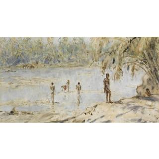 Marius Bauer - Figures On A River Bank, Watering Elephants In The Background