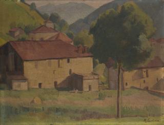 Marius Ledda - Paesaggio con case e colline sullo sfondo