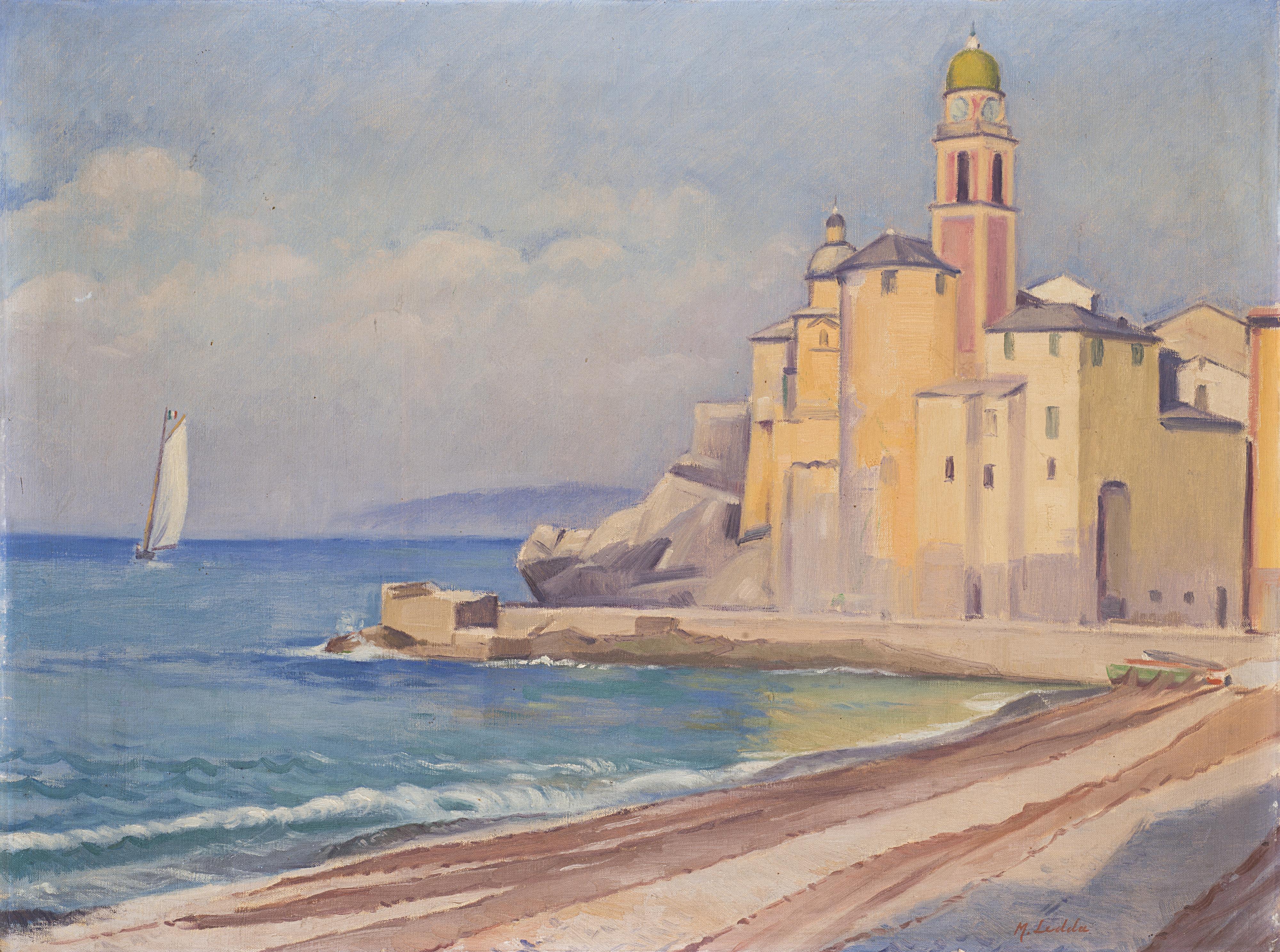 Marius Ledda - Paesaggio costiero con chiesa e barca a vela. Camogli