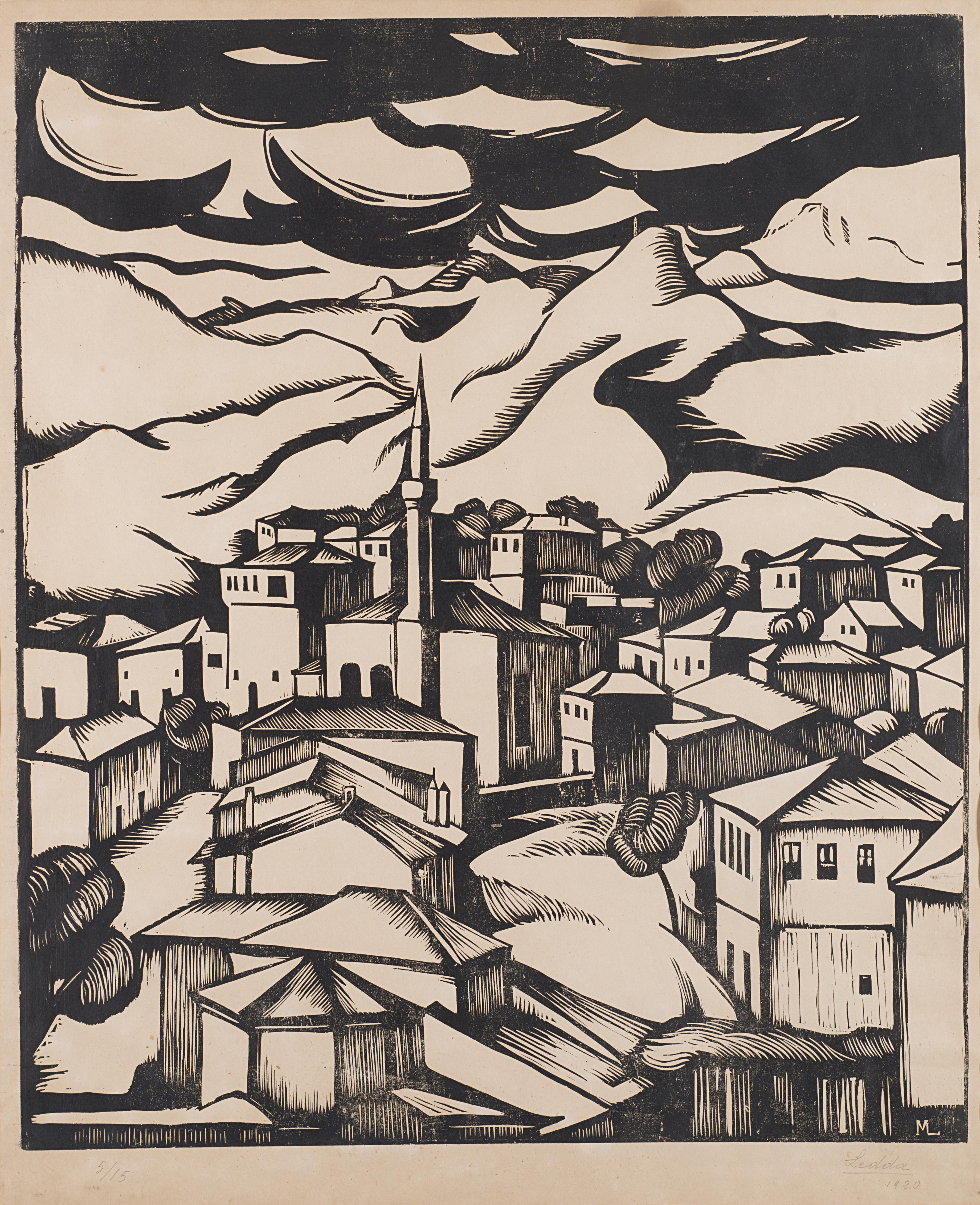 Marius Ledda - Veduta con paese e montagne sullo sfondo