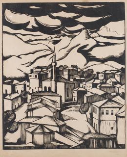 Marius Ledda - Veduta con paese e montagne sullo sfondo