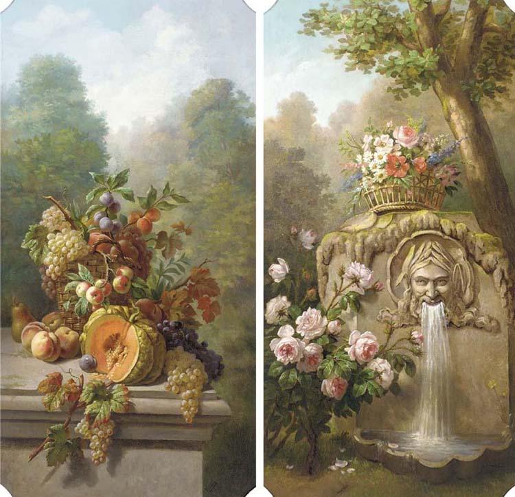 Marius Vasselon - Nature morte à la citrouille; and Fleurs à la fontaine