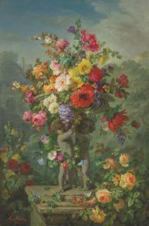 Marius Vasselon - Roses, Poppies, Hollyhocks, Pansies and Wisteria in a stone urn supported by putti on a plinth