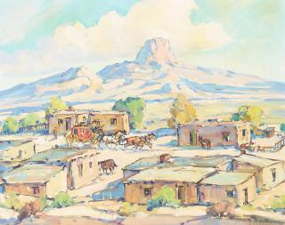 Marjorie Jane Reed - Arrival of the Stage at Cabazon 16 x 20 in. framed 22 1/2 x 27 1/2 in.