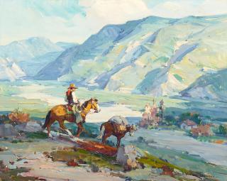 Marjorie Jane Reed - Cowboy with his Packhorse 16 x 20 in. framed 21 x 25 in.