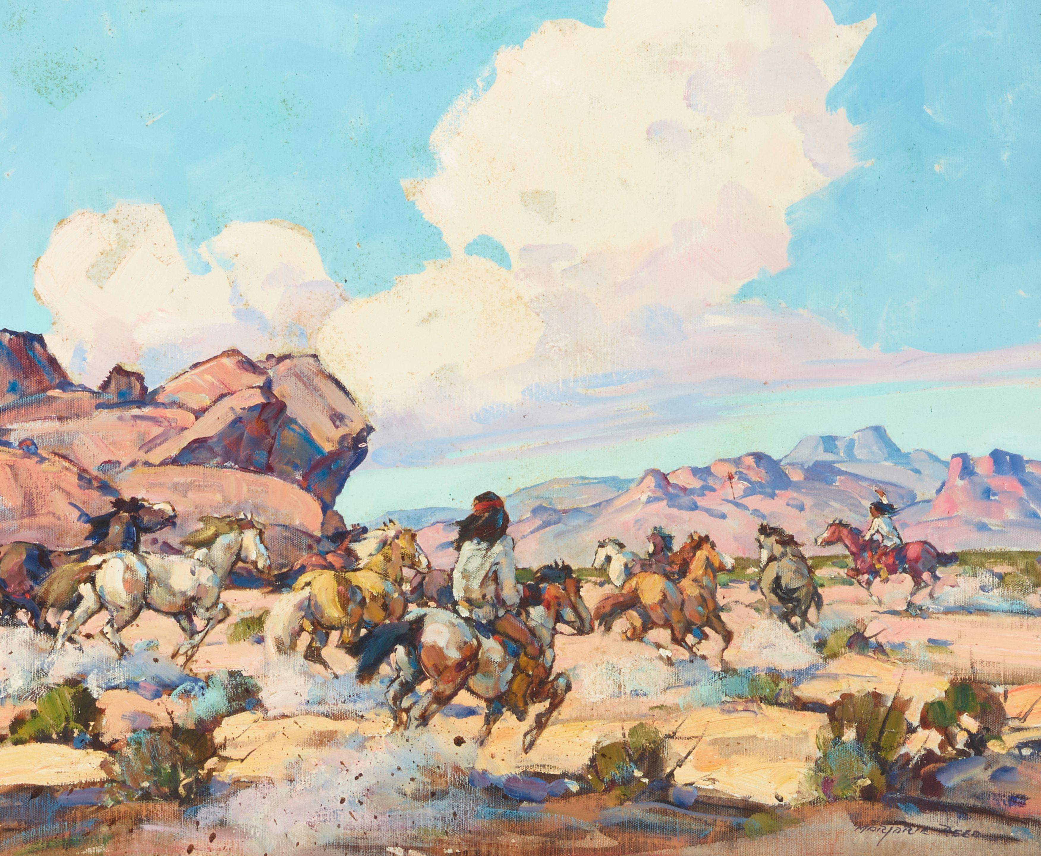 Marjorie Jane Reed - Mescalero Apaches Running off Stage Horses