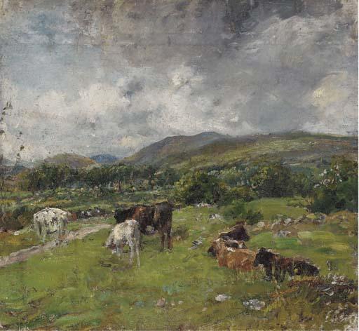 Mark Fisher, R.A. - Cattle in a mountainous landscape