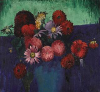 Mark Gertler - Still Life, Dahlias And Daisies In A Blue Vase