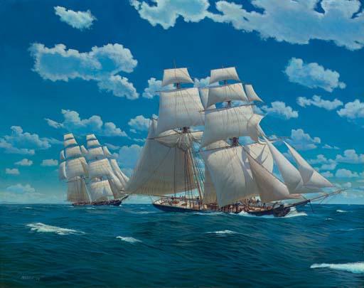 Mark Richard Myers - Brigs under full canvas in close quarters at sea