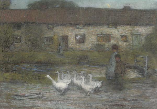 Mark Senior - Children and geese beside a stream; and A kiss goodnight