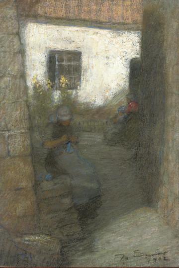 Mark Senior - Young women knitting in the shade; and By the cottage