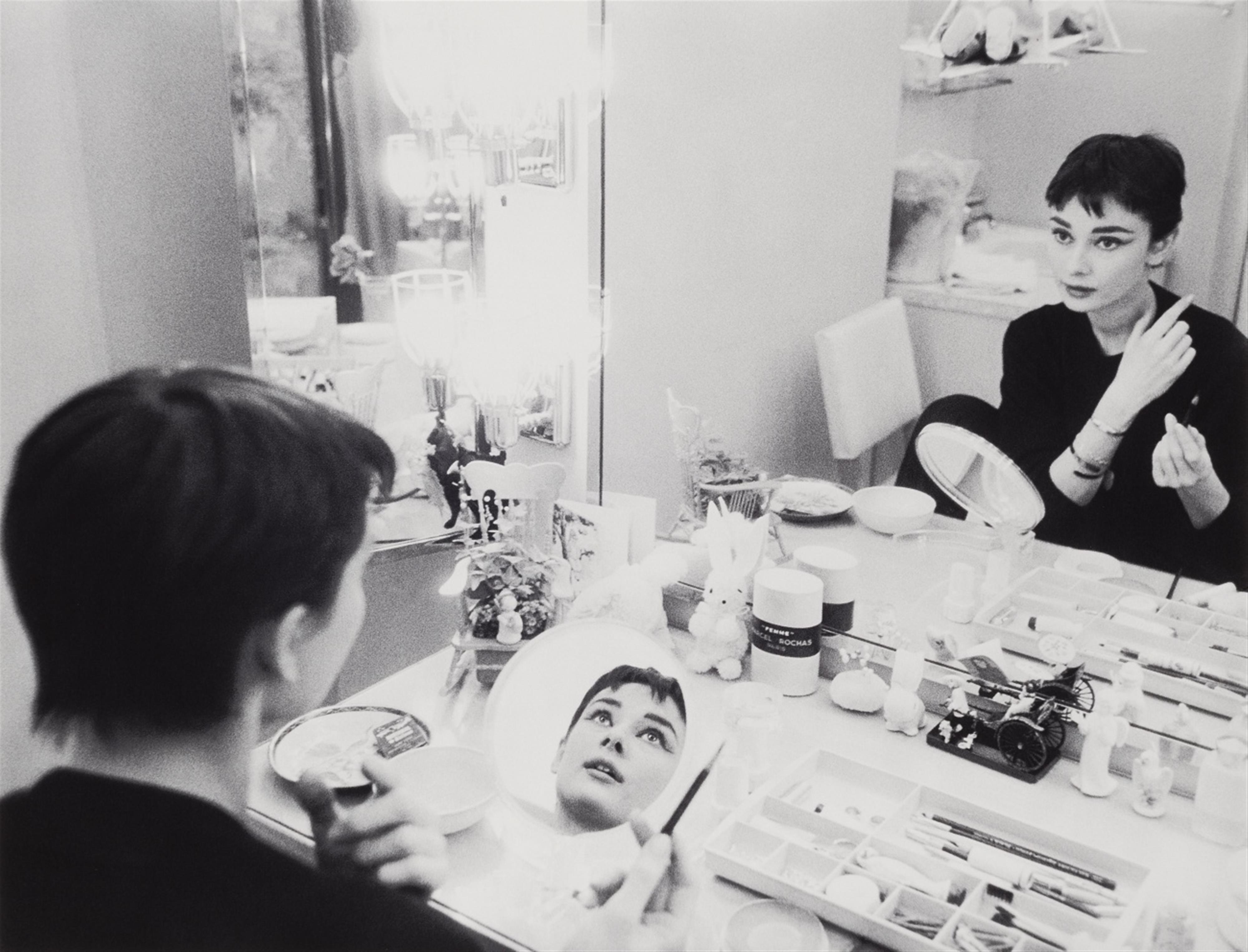 Mark Shaw - Audrey Hepburn at Make Up Table in Two Mirrors (for \'Mademoiselle\')