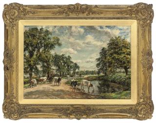 Mark William Fisher, R.A. - Cattle Watering In A Summer Landscape