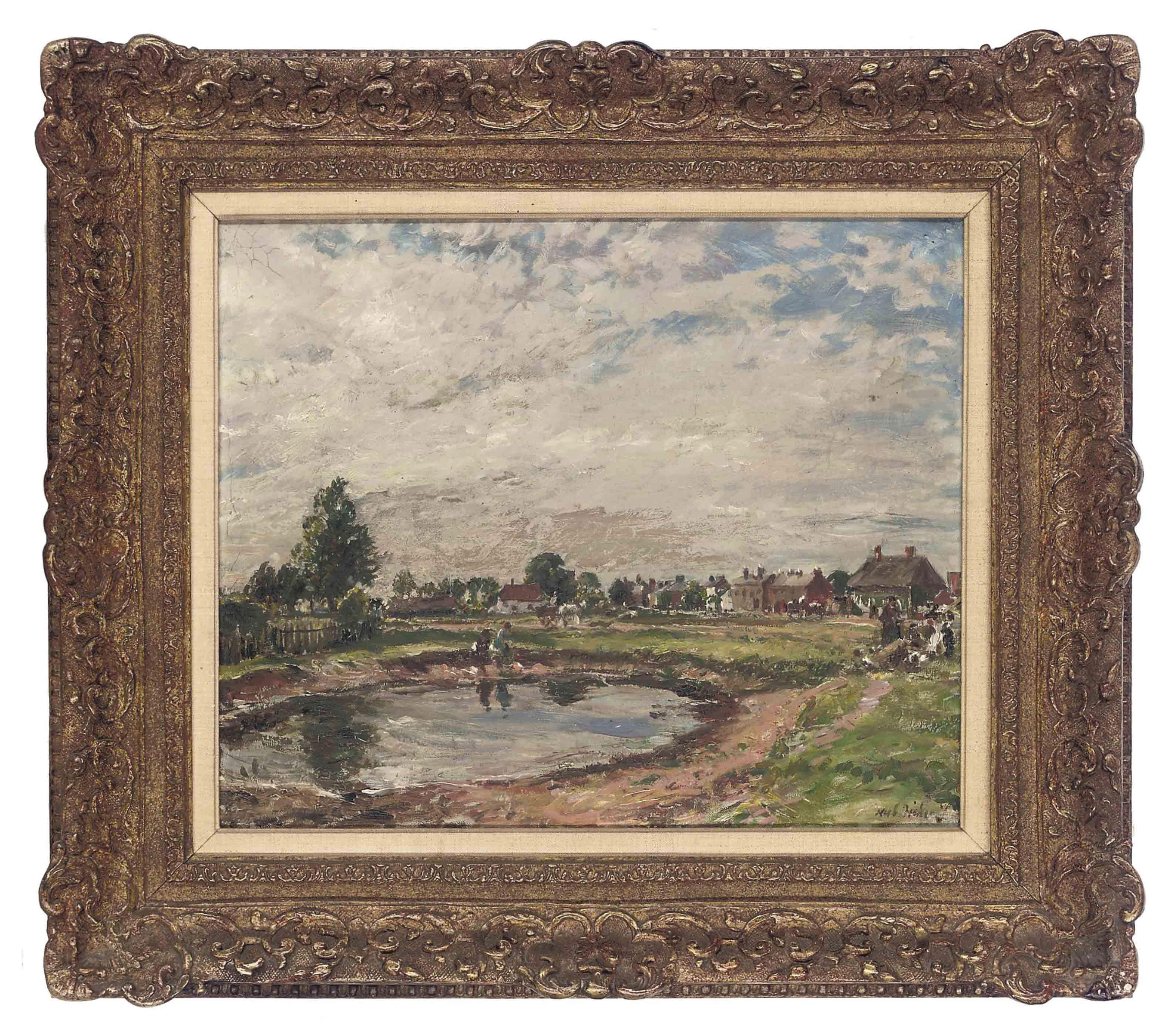 Mark William Fisher, R.A. - Figures By A Pond And A Village Beyond
