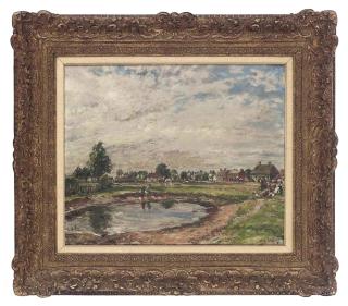 Mark William Fisher, R.A. - Figures By A Pond And A Village Beyond