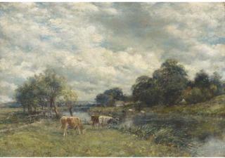 Mark William Fisher - Cattle watering in a river landscape