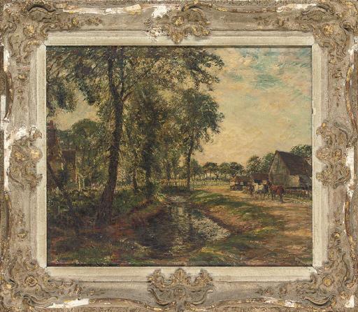 Mark William Fisher - Horses Beside A Farmyard Stream