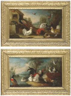 Marmaduke Craddock - A peacock, chickens, a jay and other birds by a barn; and Chicken, ducks and pigeons by a wall in a river landscape