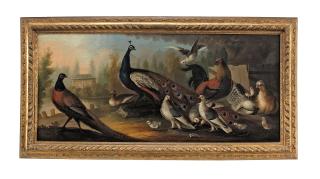 Marmaduke Craddock - A peacock, cockerel, hen and other birds in park land