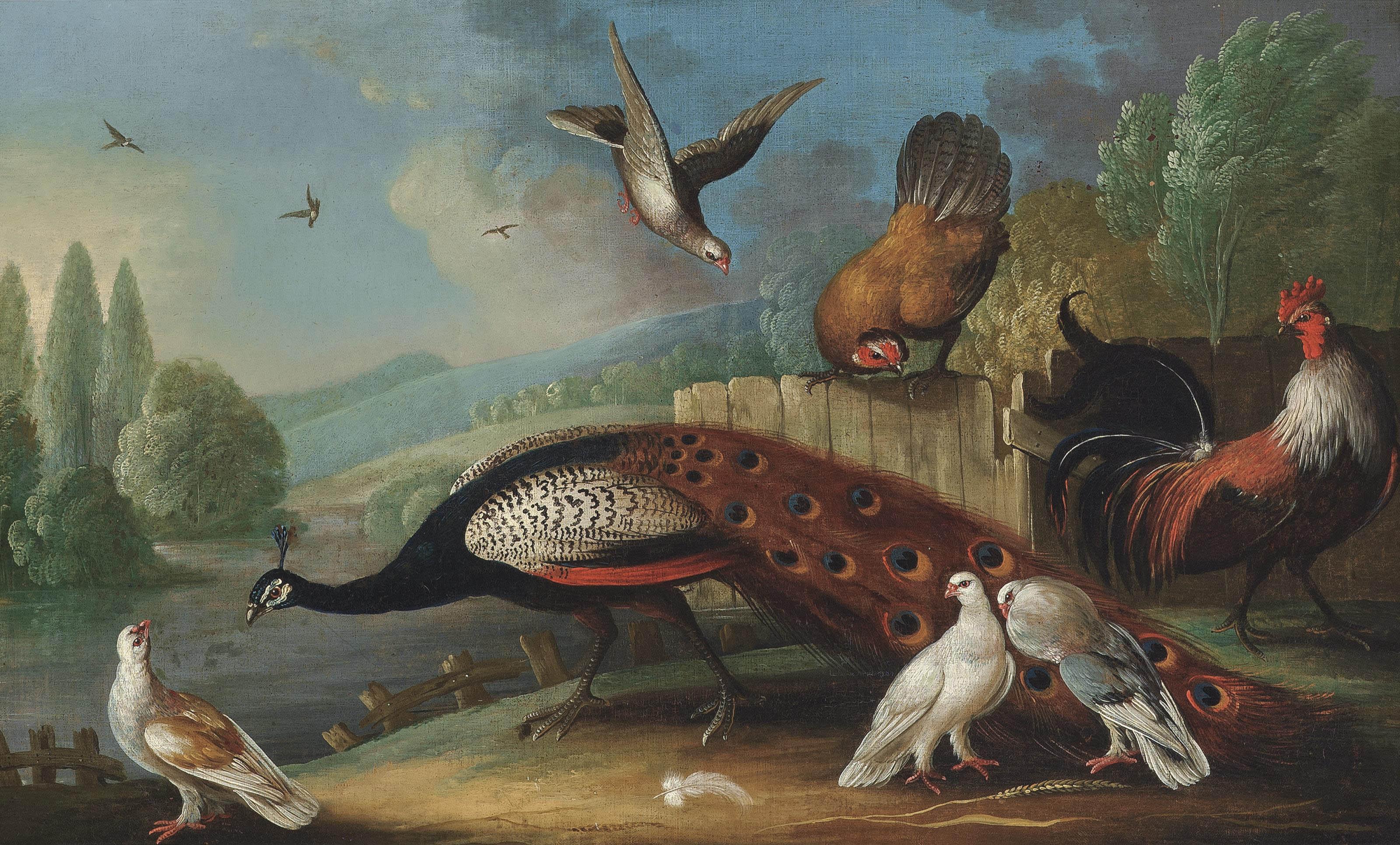 Marmaduke Craddock - A peacock, pigeons and chickens in a wooded river landscape