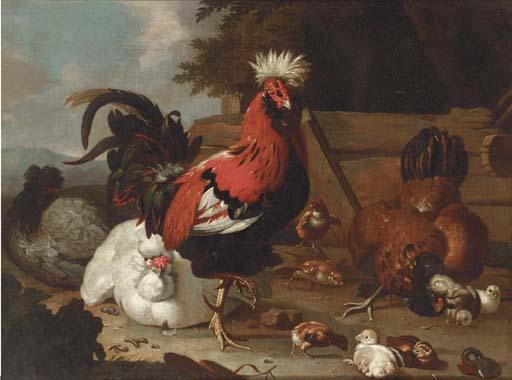 Marmaduke Cradock - A Rooster, Hens And Chicks In A Farmyard