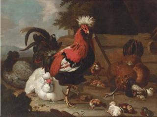Marmaduke Cradock - A Rooster, Hens And Chicks In A Farmyard