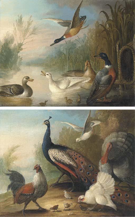Marmaduke Cradock - Ducks on a river; and Peacock, Turkey and Chickens on a riverbank