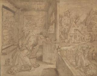 Marten De Vos - Ermite En Méditation Sur Une Terrasse Couverte, Une Femme Bêchant Un Potager À L\'Arrière-Plan